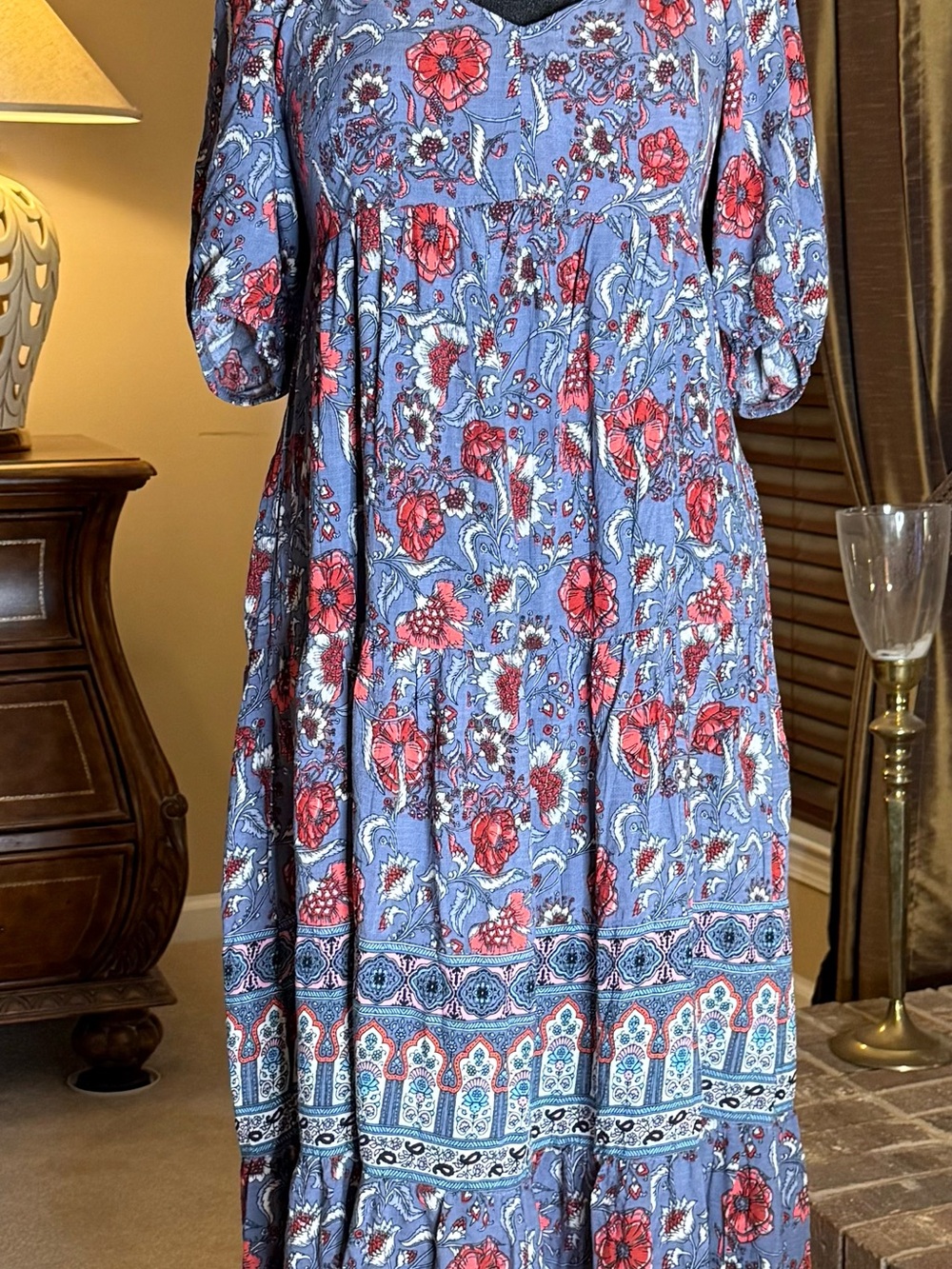 Knox Rose XL Blue Floral Maxi Dress Romantic Boho Cottagecore Prairie